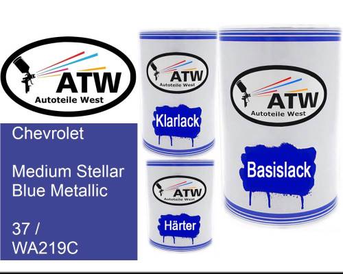 Chevrolet, Medium Stellar Blue Metallic, 37 / WA219C: 500ml Lackdose + 500ml Klarlack + 250ml Härter - Set, von ATW Autoteile West.